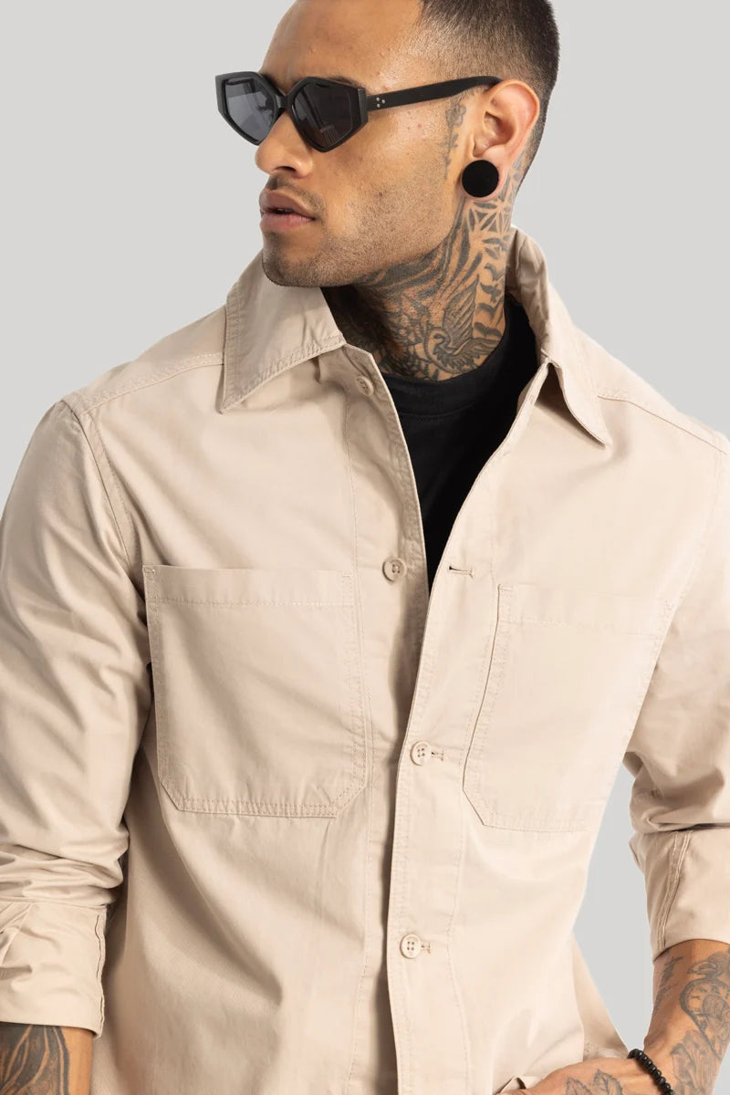 Double Pocket Beige Overshirt