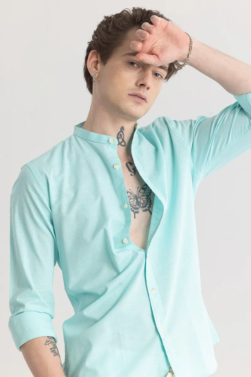 Mandarique Light Blue Linen Blend Shirt