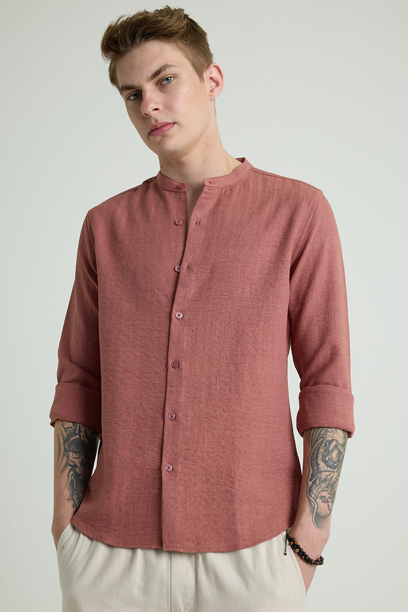 Mauve Mandarin Self Stripe Shirt