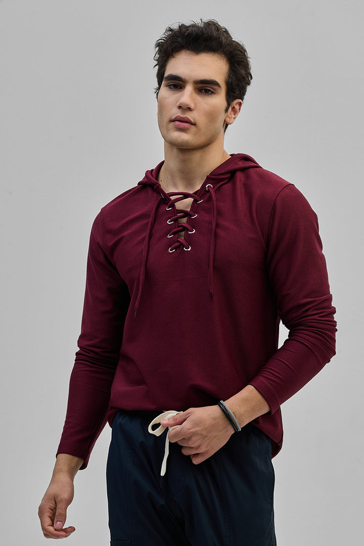 Maroon Lace-Up Textured Hoodie