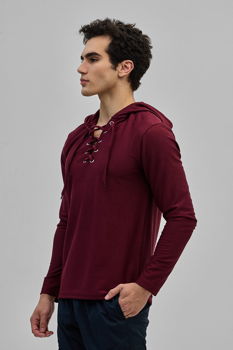 Maroon Lace-Up Textured Hoodie