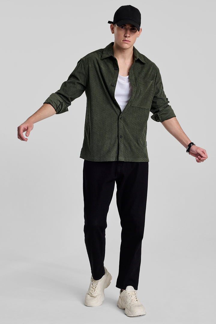 Dark Green Textured Corduroy Overshirt