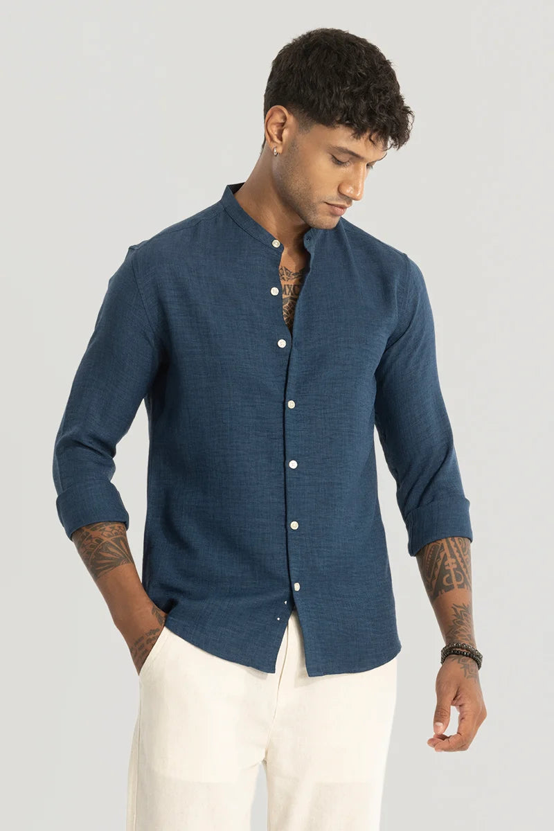 Teal Plain Mandarin Shirt