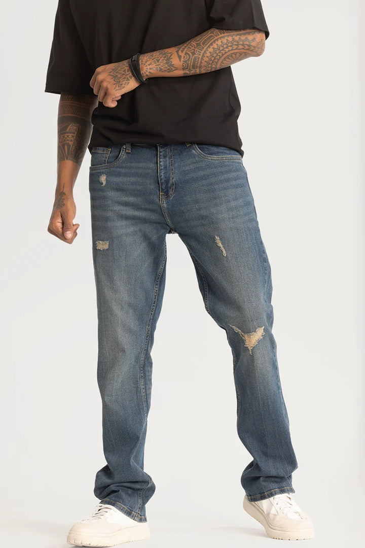 Dark Blue Distressed Straight Fit Jeans