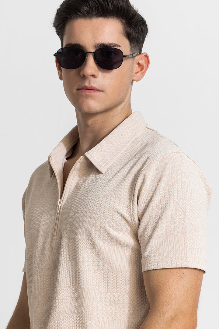 Cream Zipper Textured Polo T-Shirt