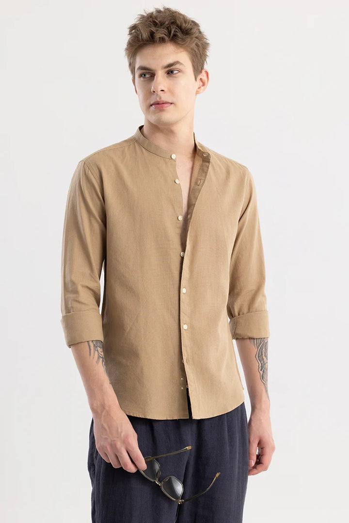 Linen Elegance Khaki Plain Shirt