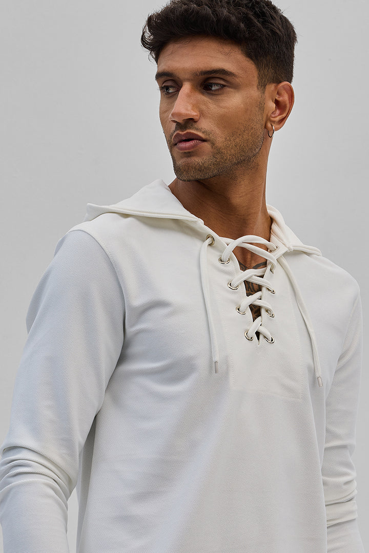 White Lace-Up Textured Hoodie