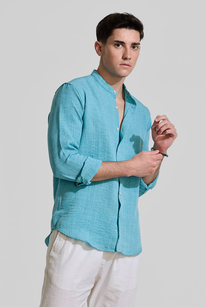 Turquoise Mandarin Textured Shirt