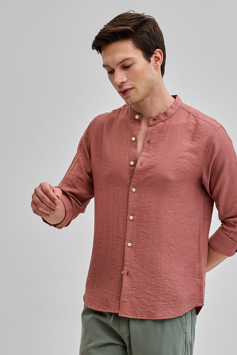 Coral Mandarin Linen Blend Shirt