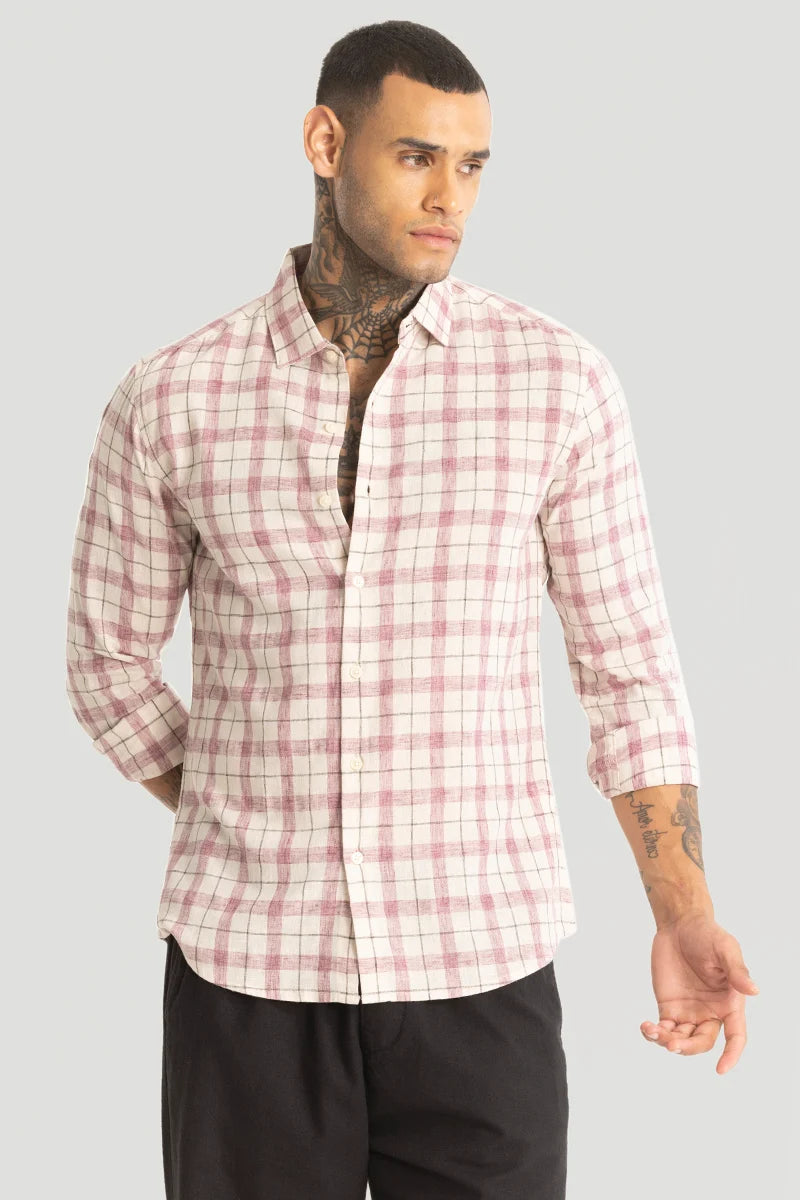 Light Pink Linen Blend Checks Shirt