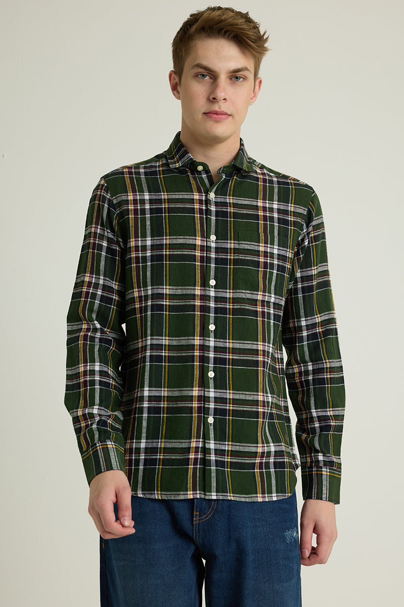 Dark Green Checks Linen Shirt