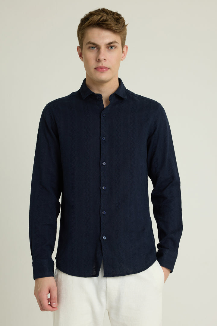 Navy Textured Slim Fit Shirt