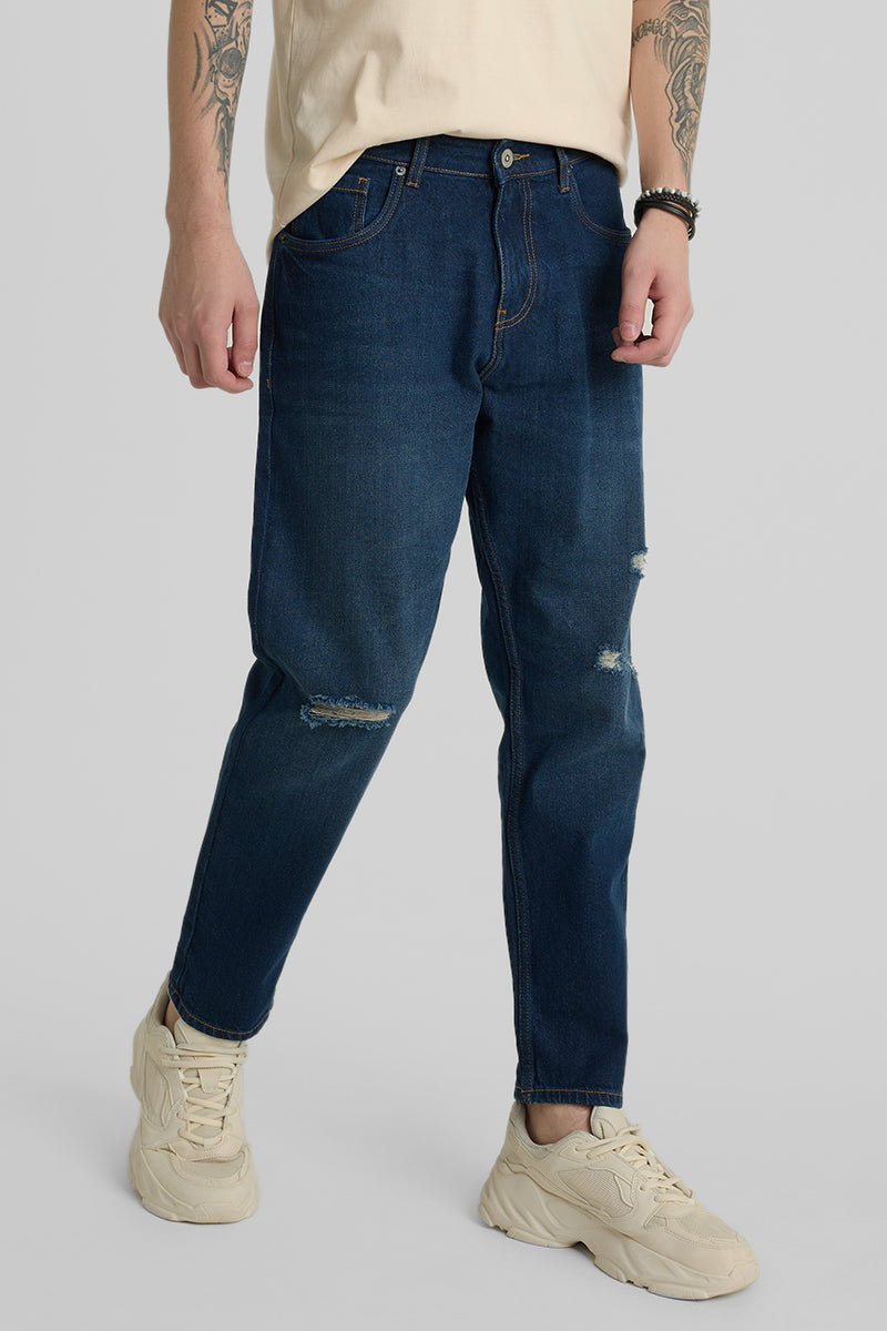 Dark Blue Distressed Baggy Fit Jeans