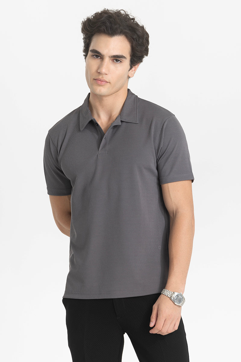 Grey Textured Polo T-Shirt