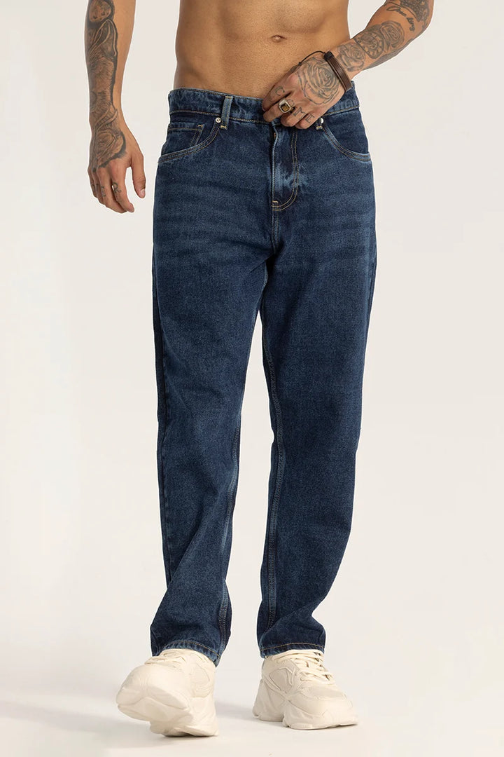 Dark Blue Plain Baggy Fit Jeans