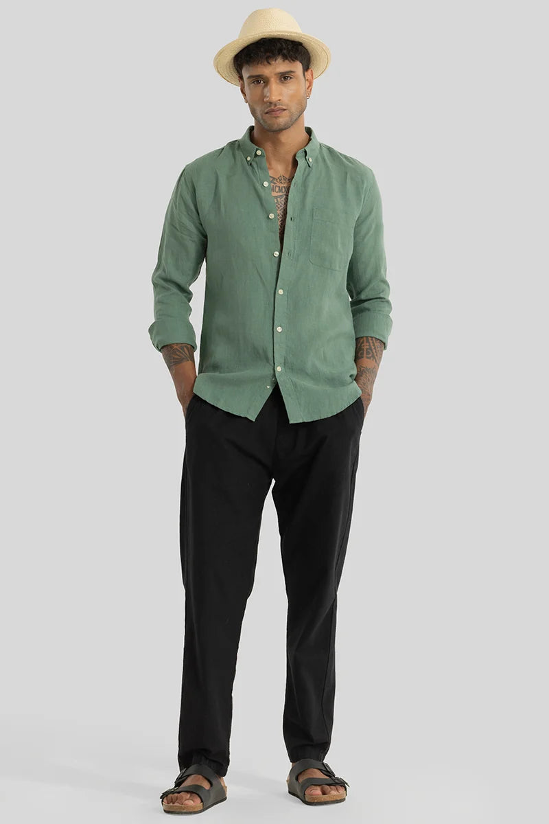 Elementary Green Plain Pure Linen Shirt