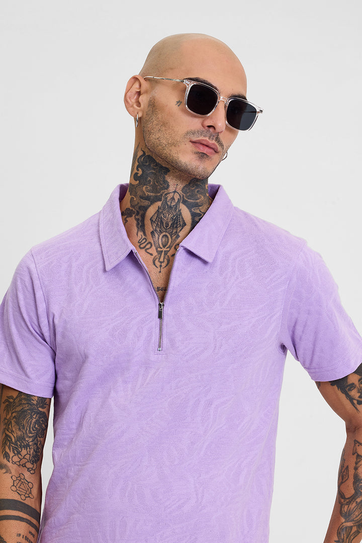 Lavender Self-Design Zipper Polo T-Shirt