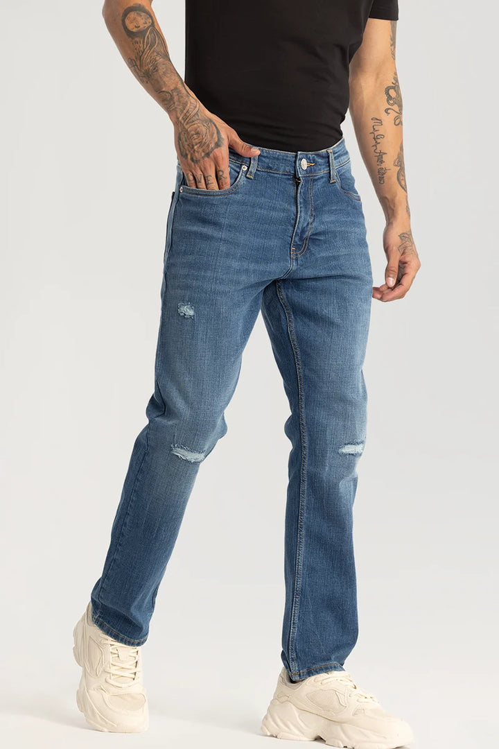 Blue Distressed Regular Fit Jeans