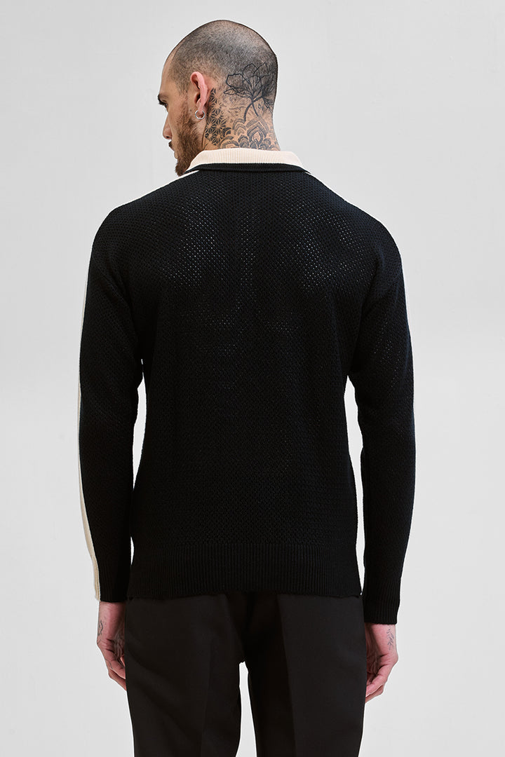 Black Colourblocked Knitted Polo T-Shirt