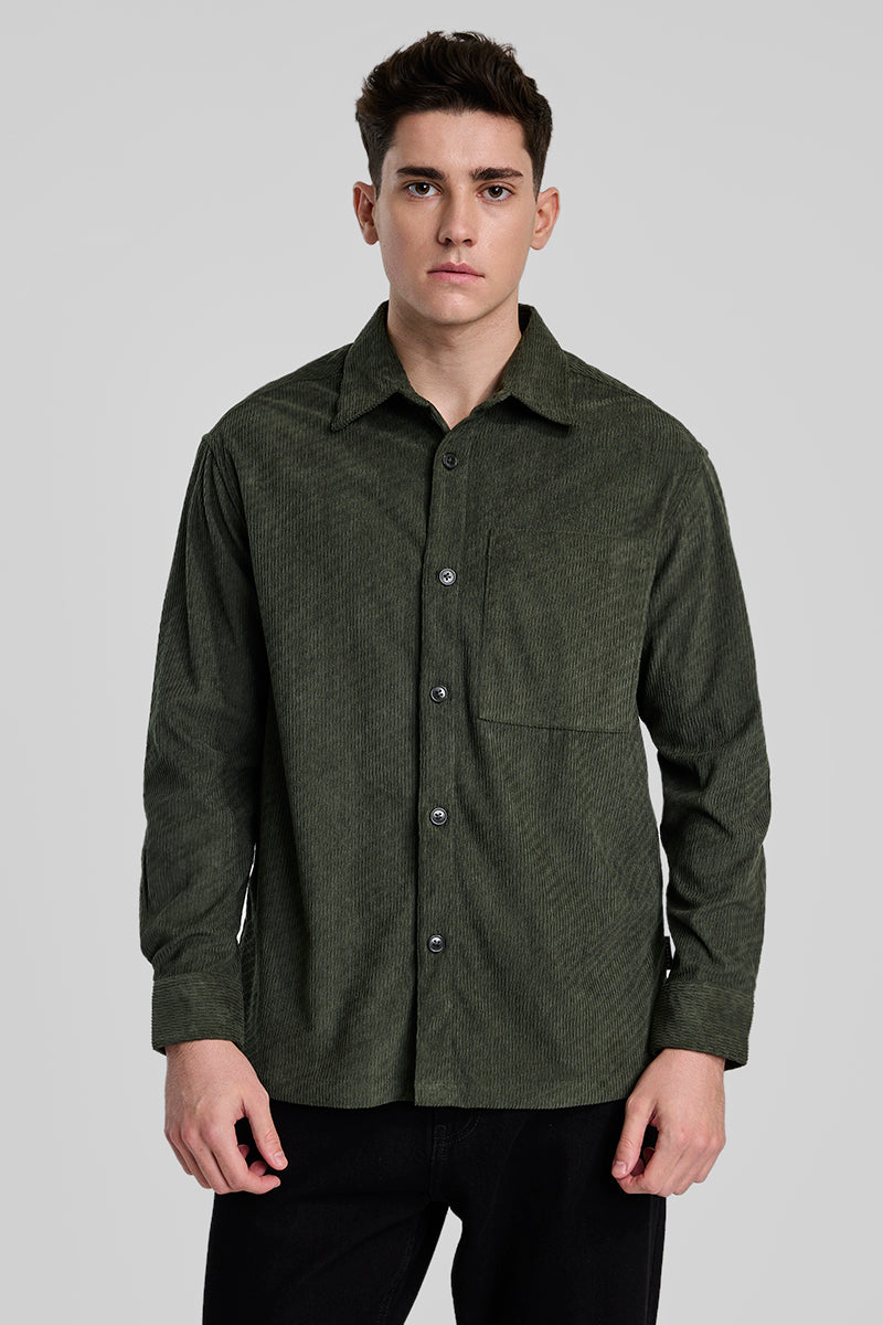 Dark Green Textured Corduroy Overshirt