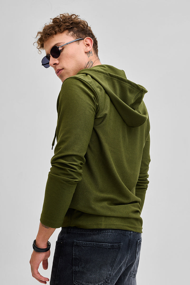 Olive Lace-Up Textured Hoodie