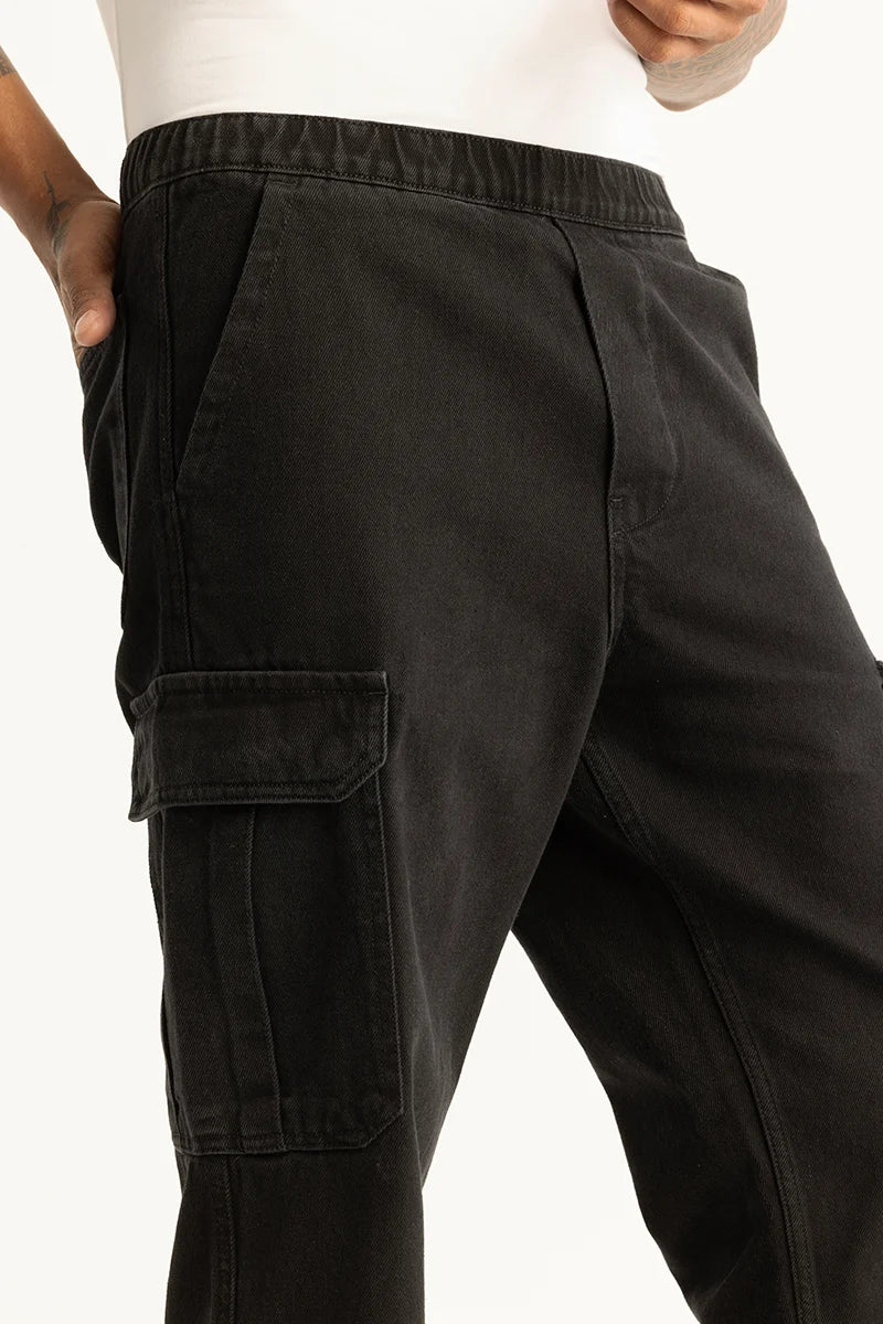 Pull On Black Plain Baggy Fit Jeans