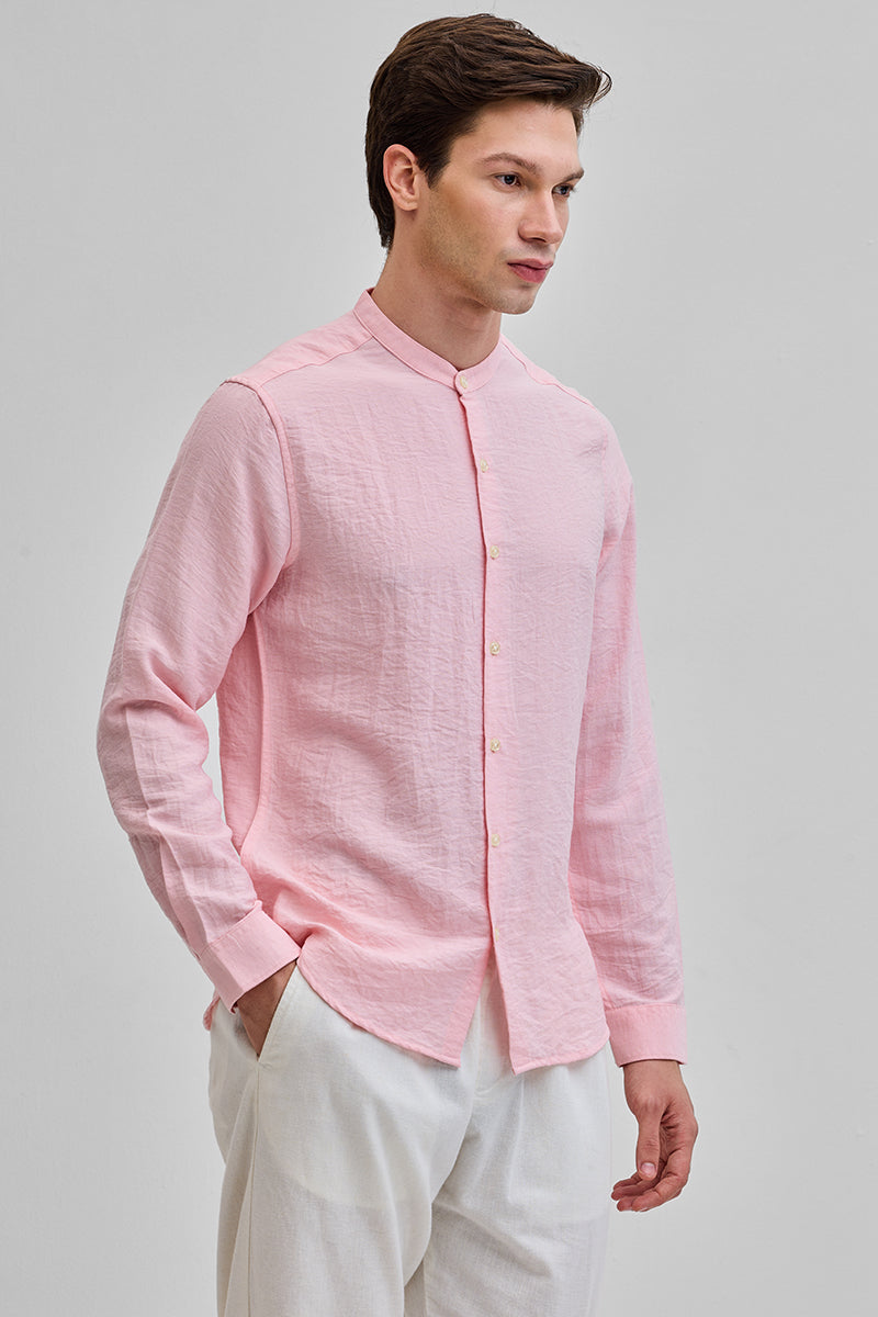 Light Pink Mandarin Linen Blend Shirt