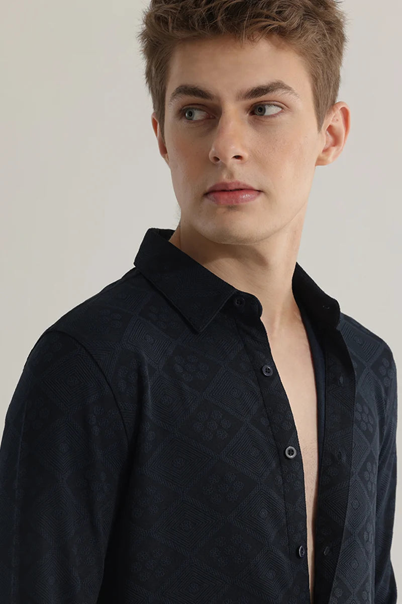 IntricWeave Navy Self-Design Shirt