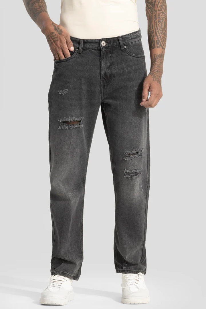 Charcoal Grey Distressed Relaxed Fit Jeans