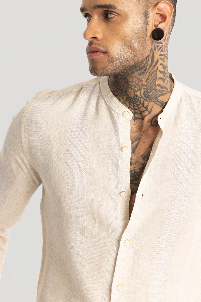 Cream Stripes Linen Blend Shirt