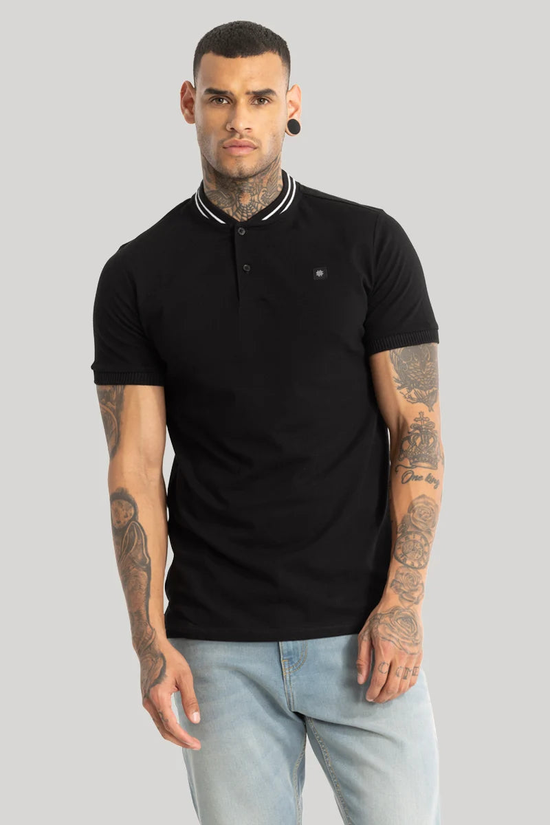 Baseball Collar Black Polo T-Shirt