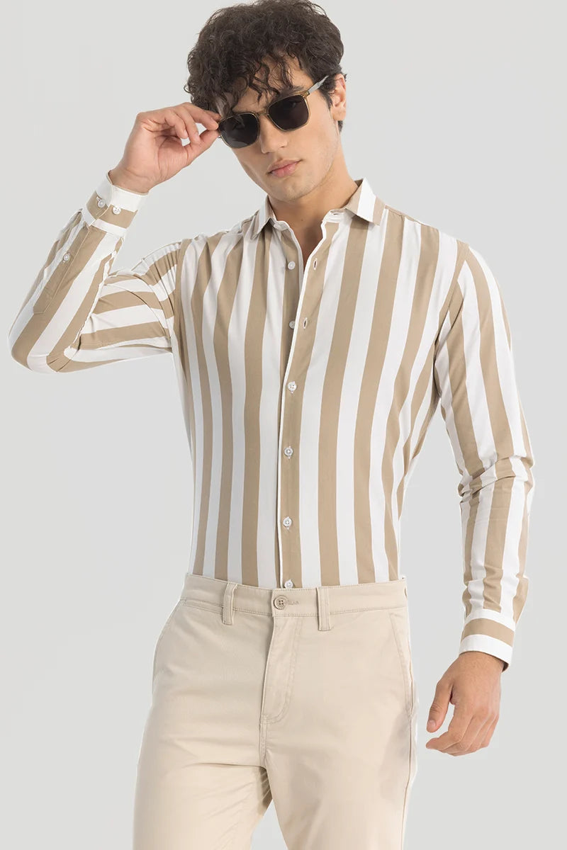 Beige Slim Fit Stripes Shirt