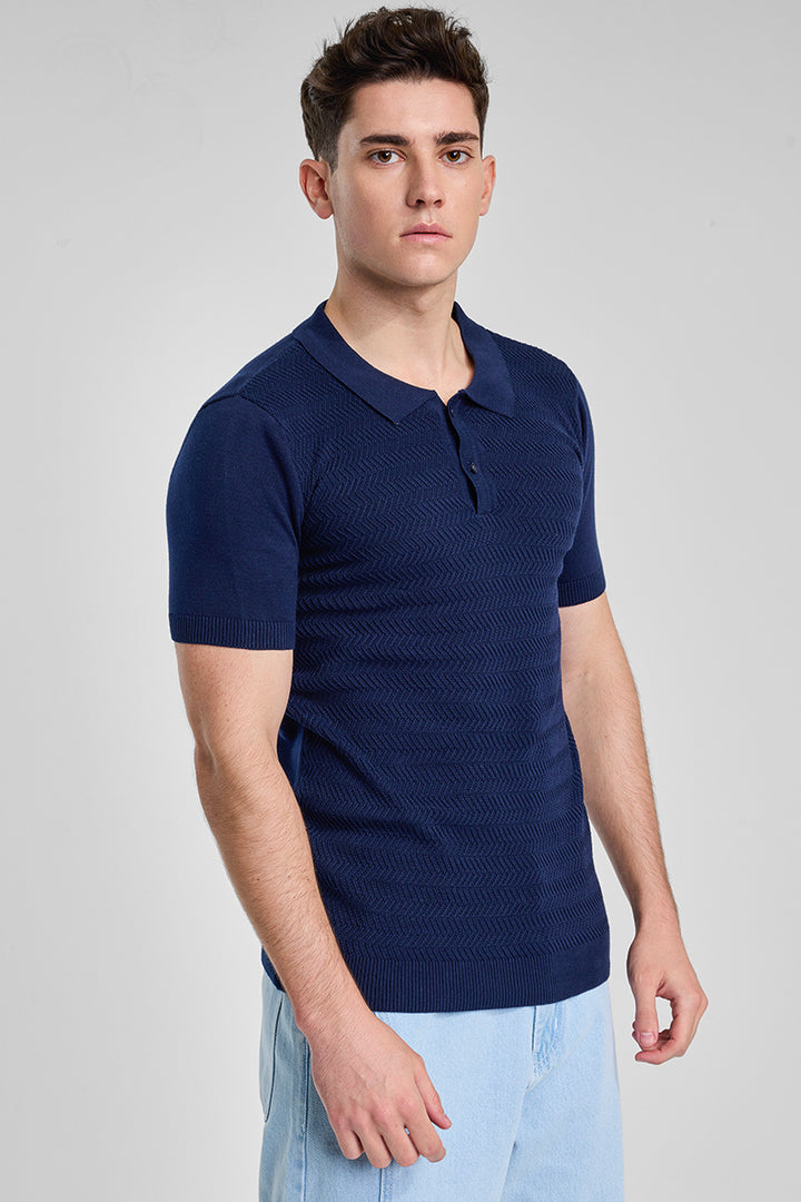 Navy Knitted Polo T-Shirt