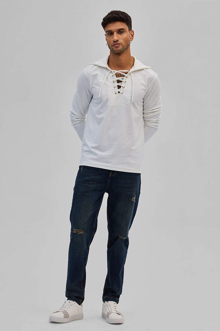 White Lace-Up Textured Hoodie