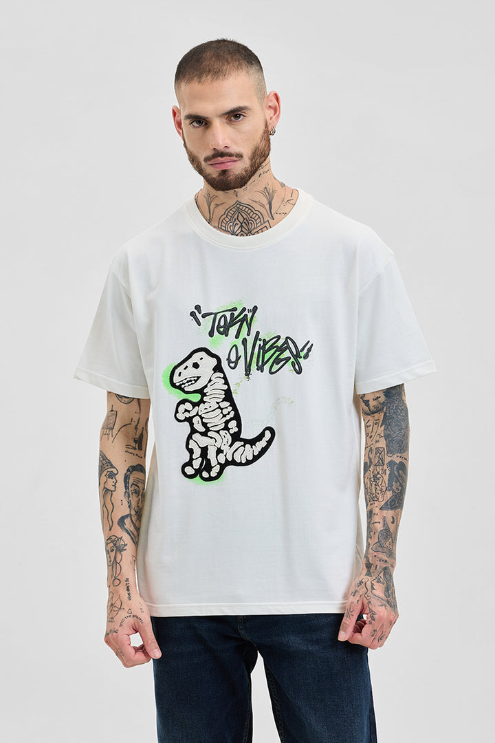 Dino Off White Printed Oversized Fit T-Shirt