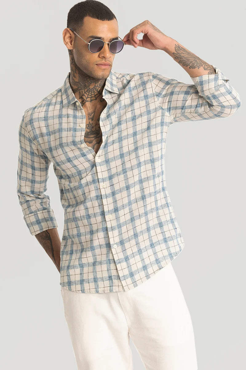 Light Blue Linen Blend Checks Shirt