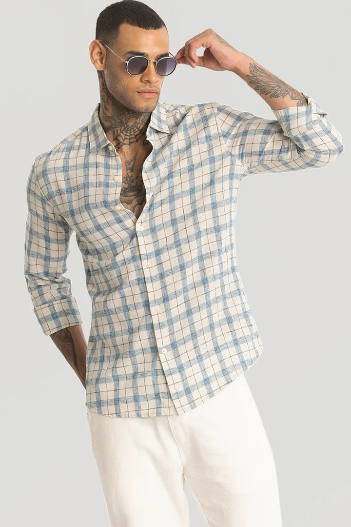 Light Blue Linen Blend Checks Shirt