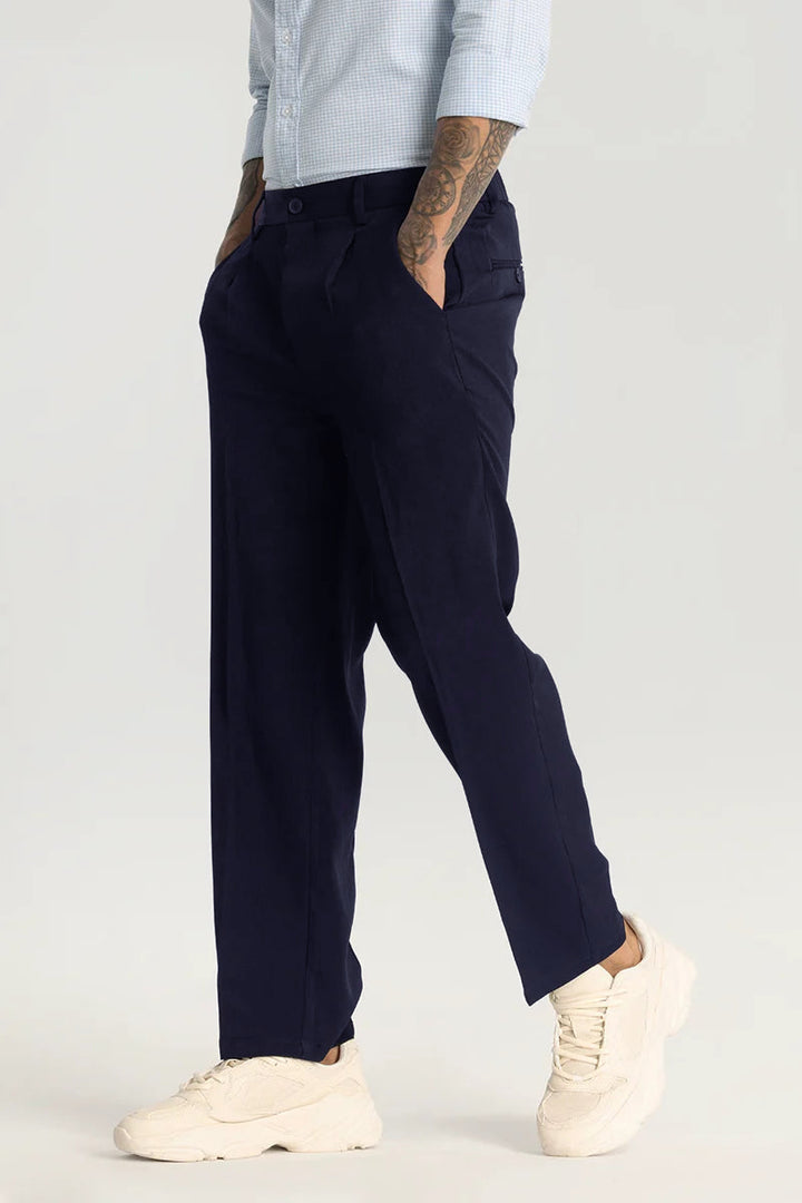 Navy Plain Relaxed Fit Trousers