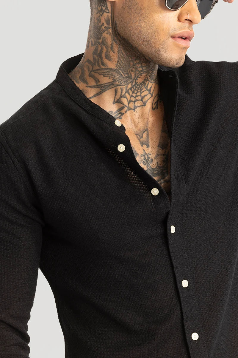 Black Woven Mandarin Shirt