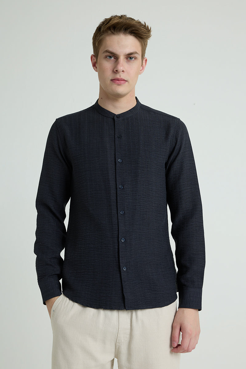 Navy Mandarin Self Stripe Shirt