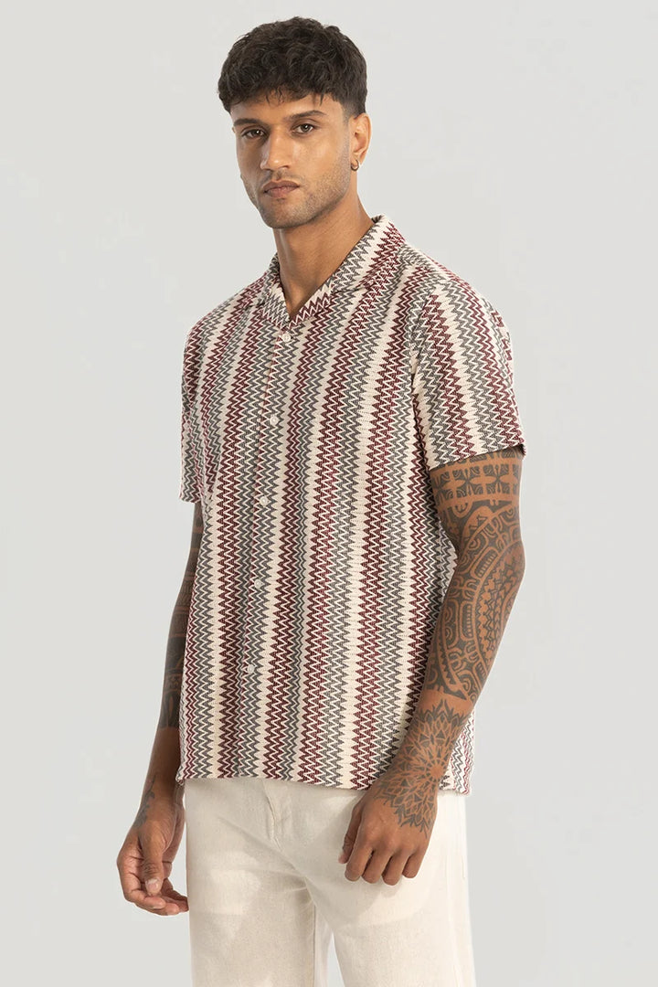 Cream Self Design Stripes Shirt