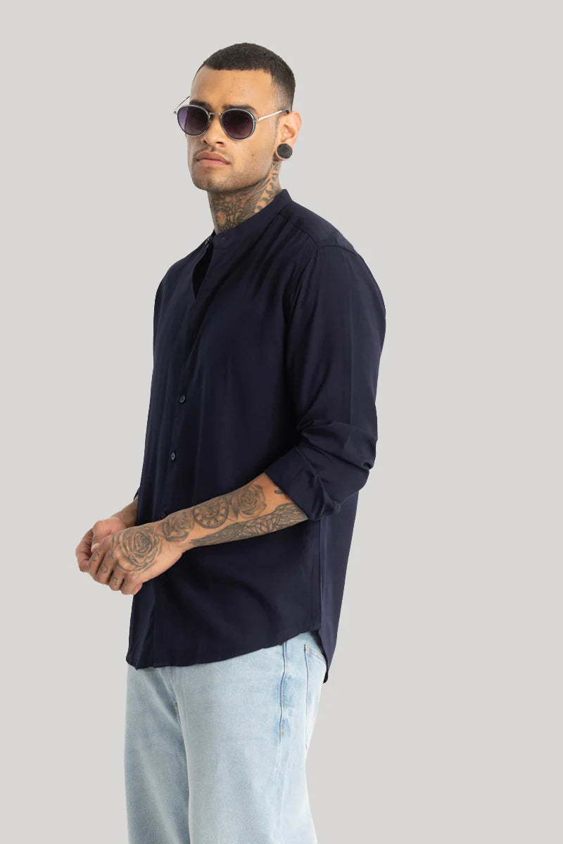 Navy Mandarin Collar Shirt