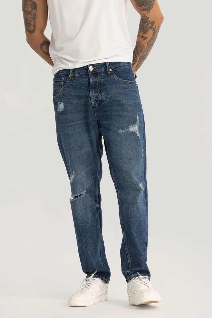 Dark Blue Distressed Baggy Fit Jeans