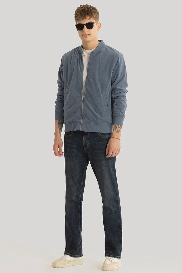 SleekSuede Greyish Blue Plain Bomber Jacket