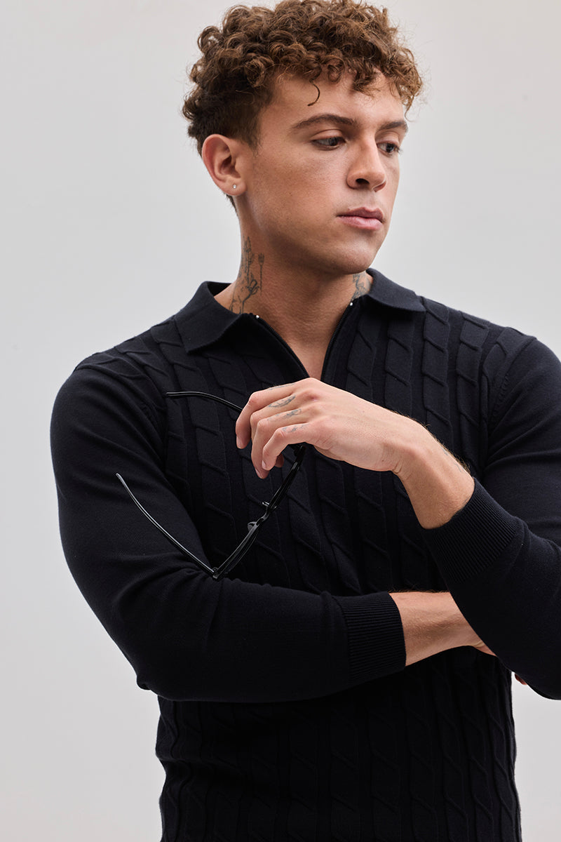 Black Zipper Knitted Polo T-Shirt