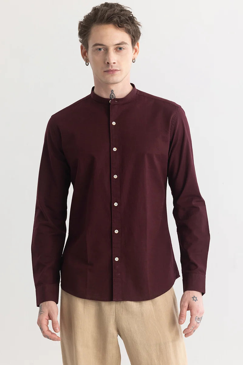 Mandarique Maroon Linen Blend Shirt