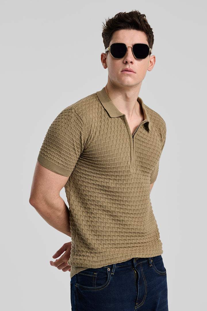 Khaki Zipper Knitted Polo T-Shirt