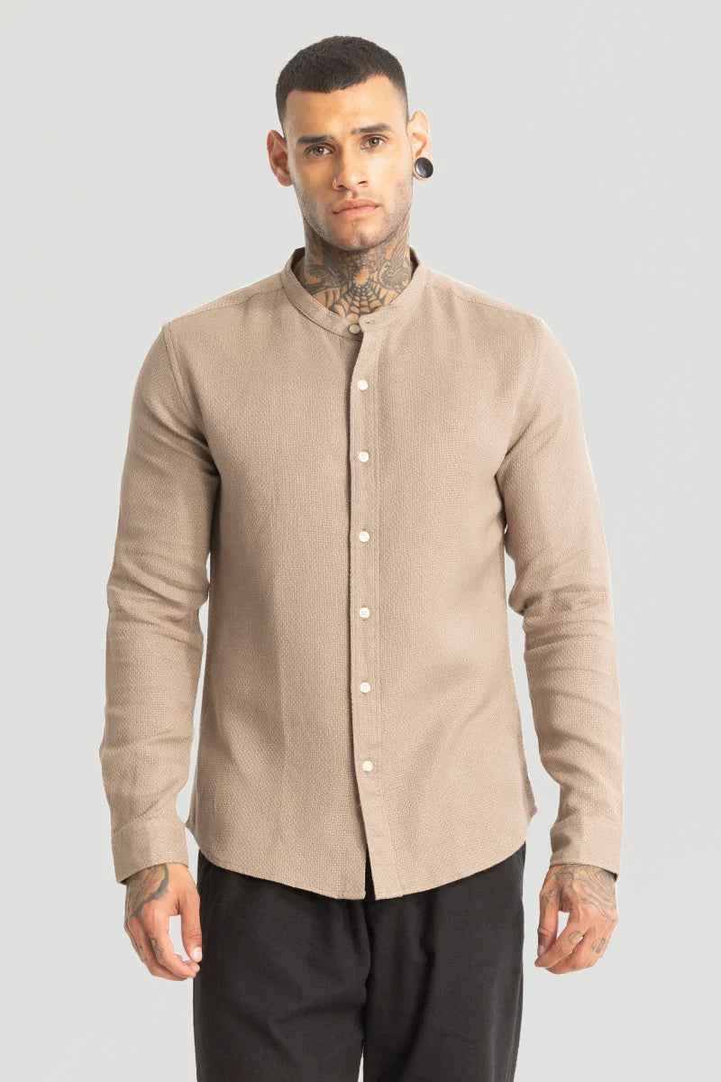 Light Brown Woven Mandarin Shirt