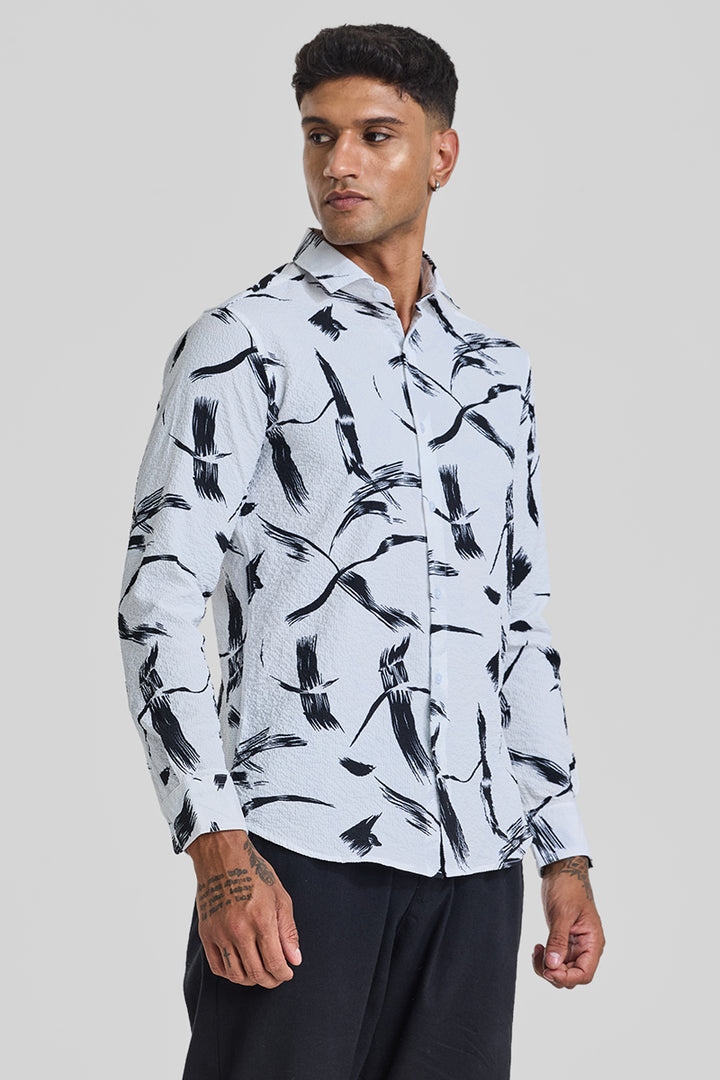 White Abstract Printed Slim Fit Shirt