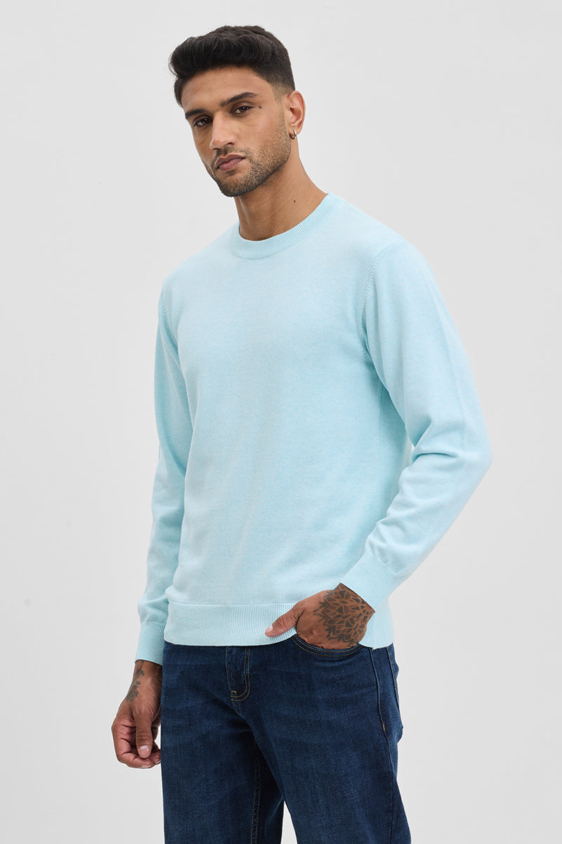 Light Blue Solid Slim Fit Sweater